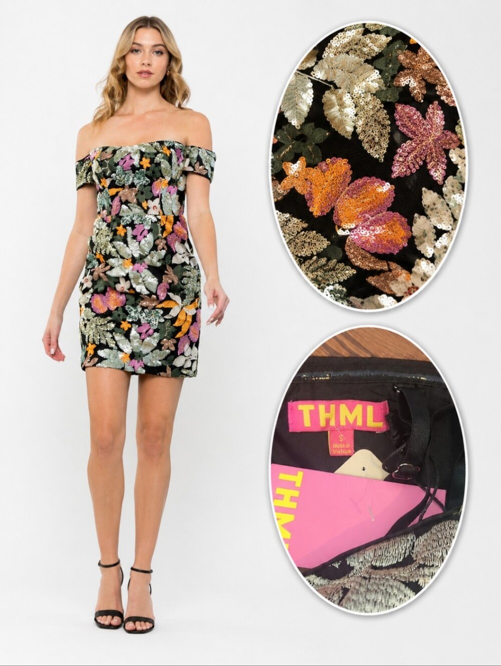 THML Embellished Floral Off Shoulder sequins Mini dress Garden Party NWT Sz S